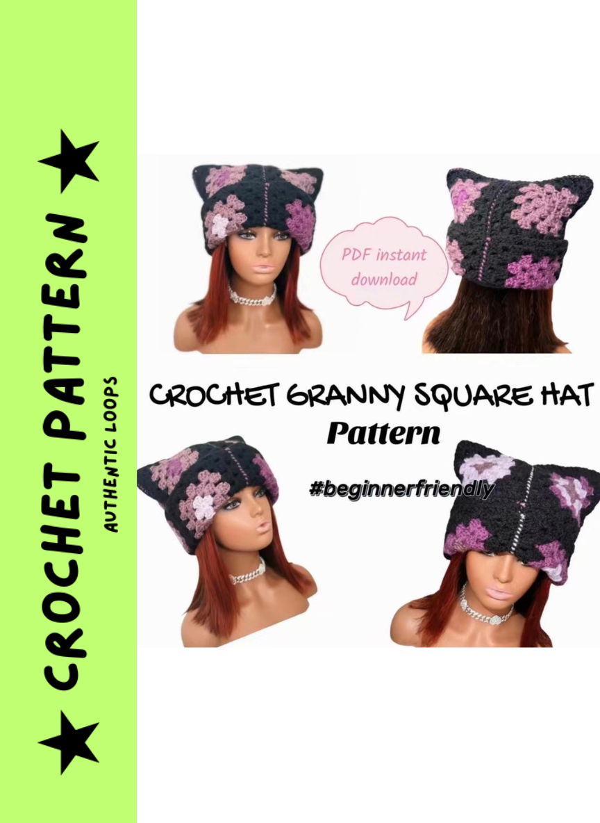 Crochet Granny Square Beanie Pattern for beginners Instant Download