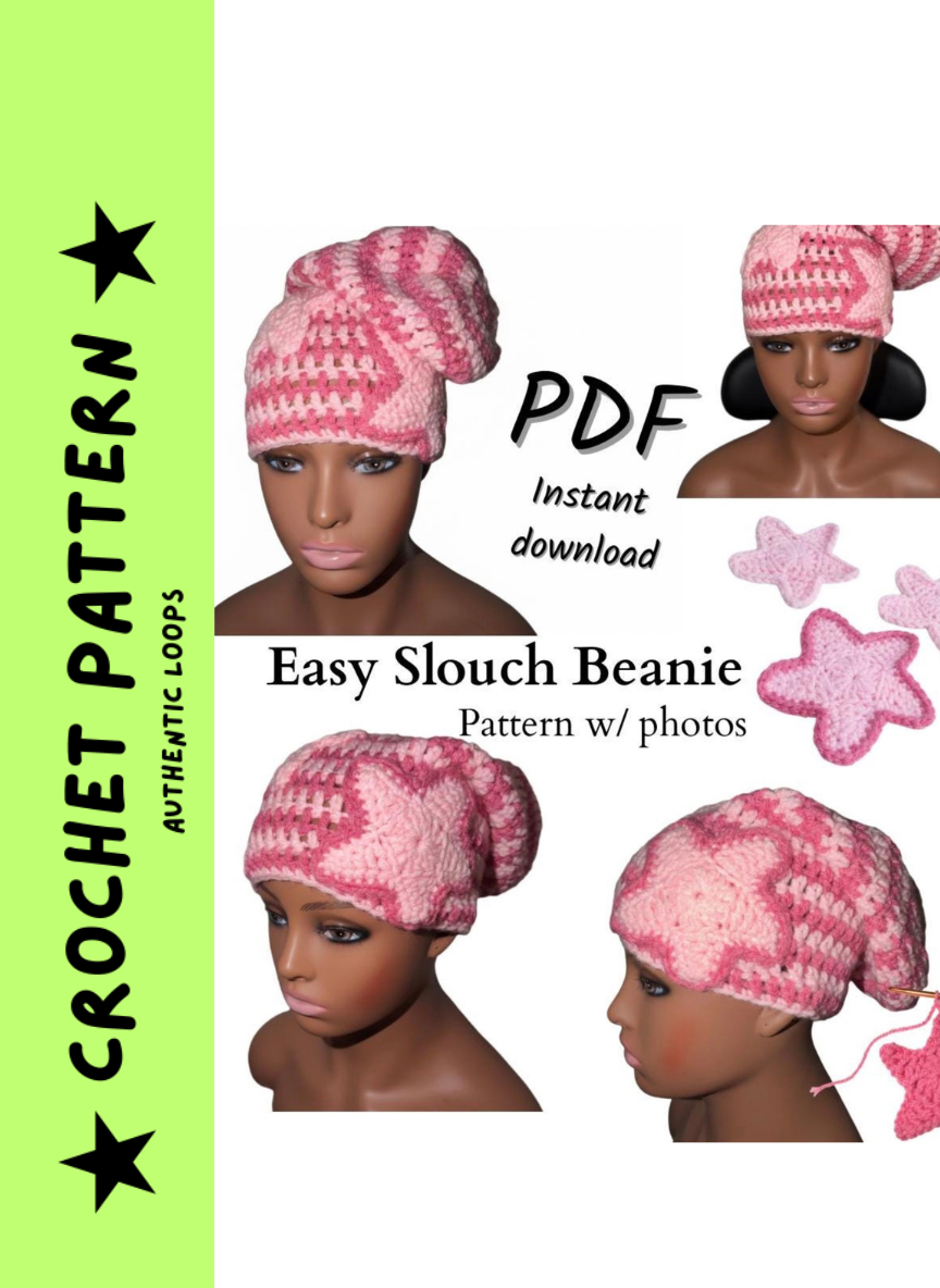 Easy Slouch Beanie Crochet Pattern PDF | Star Pattern | Adult Hat | Instant Download