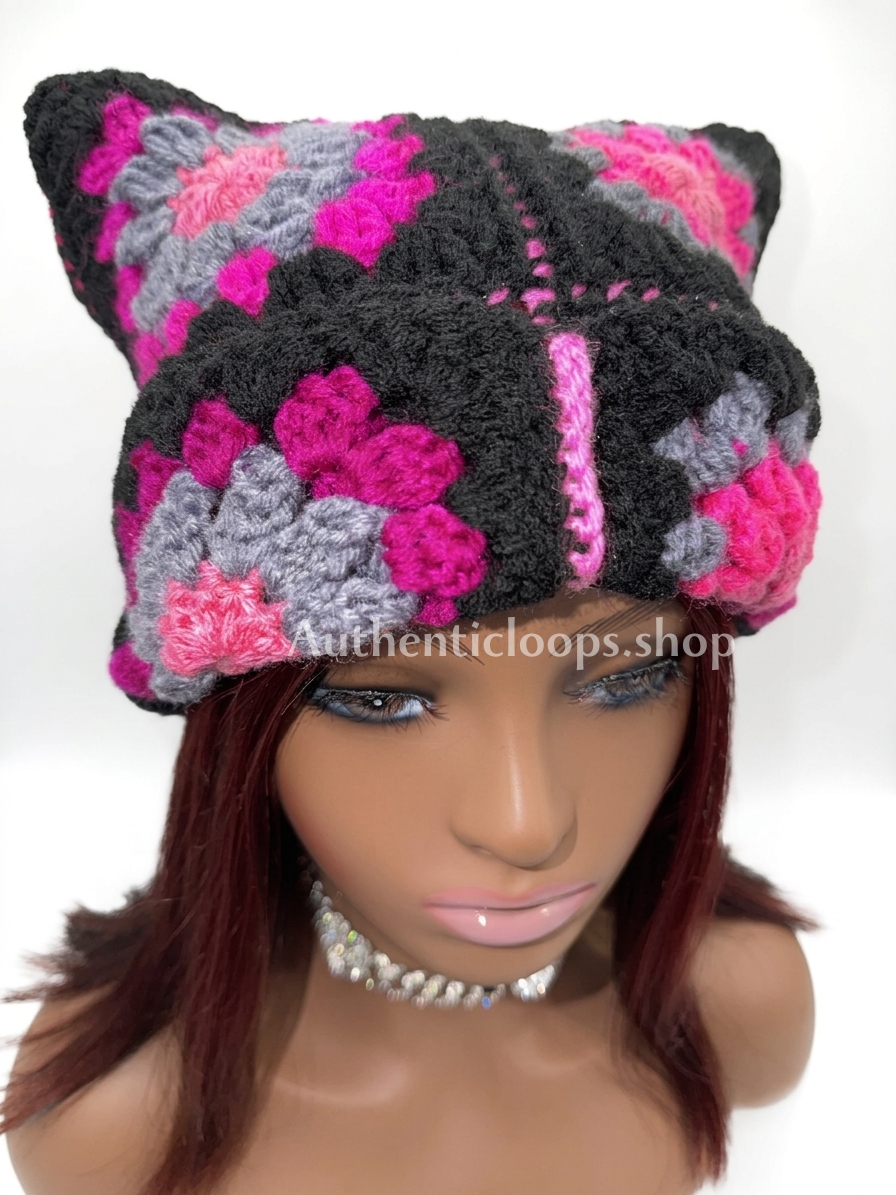Pink Crochet Cat Ear Beanie – Cute Cozy Handmade Hat