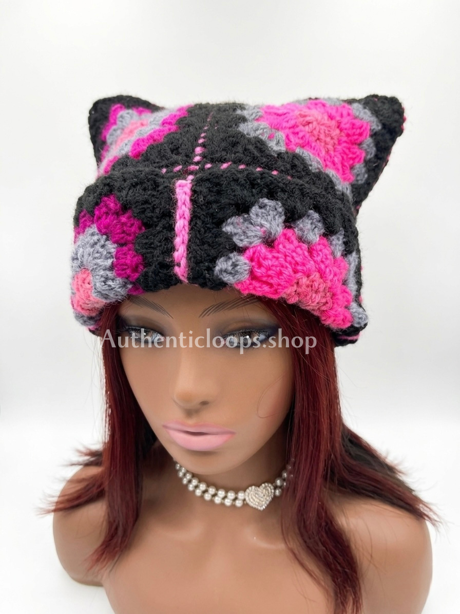Pink Crochet Cat Ear Beanie – Cute Cozy Handmade Hat