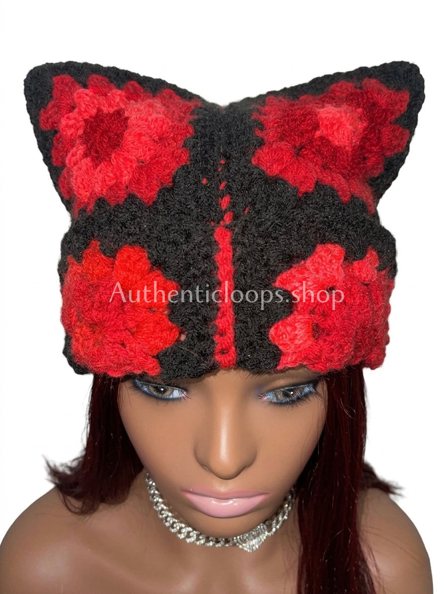 Red and Black Crochet Cat Ear Beanie |Goth Granny Square Hat