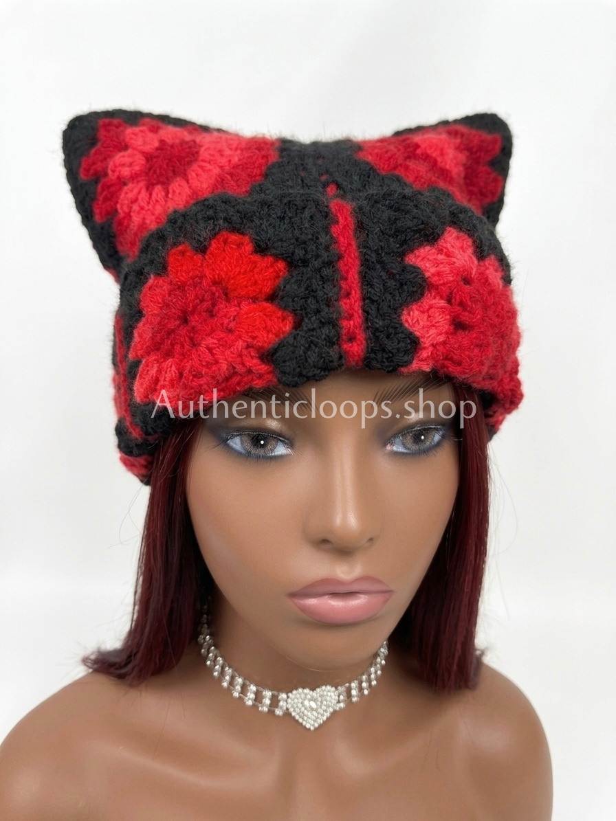 Red and Black Crochet Cat Ear Beanie |Goth Granny Square Hat