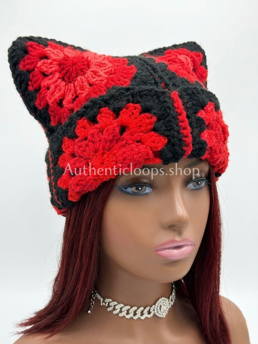 Red and Black Crochet Cat Ear Beanie |Goth Granny Square Hat