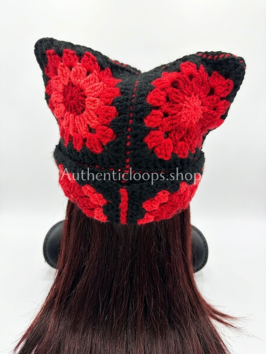 Red and Black Crochet Cat Ear Beanie |Goth Granny Square Hat