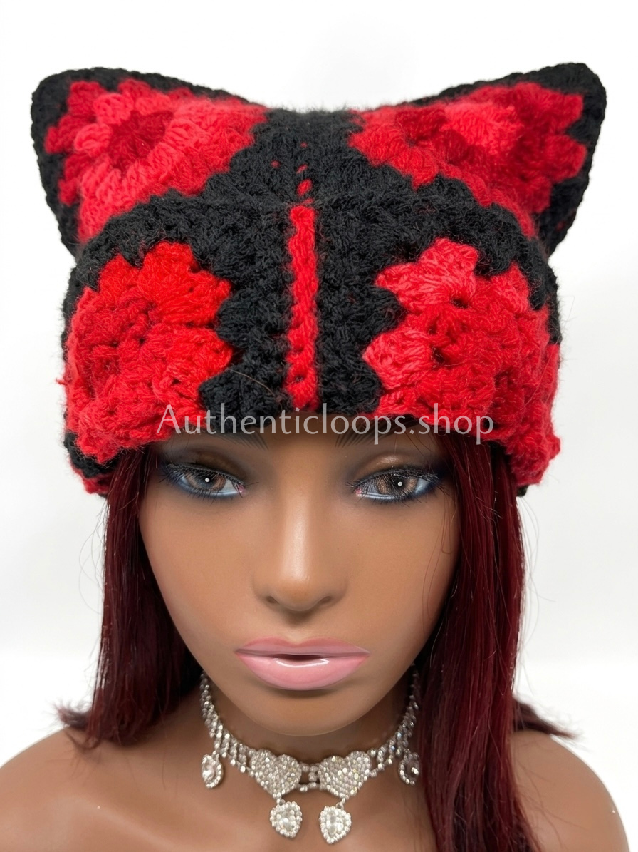Red and Black Crochet Cat Ear Beanie |Goth Granny Square Hat
