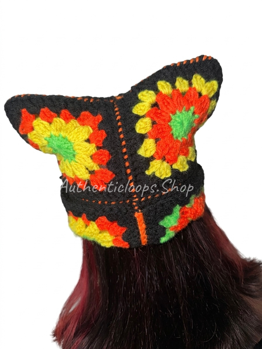 Colorful Crochet Cat Ear Winter Beanie – Handmade Statement Hat
