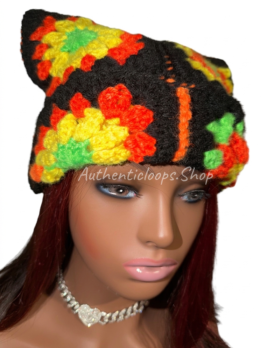 Colorful Crochet Cat Ear Winter Beanie – Handmade Statement Hat