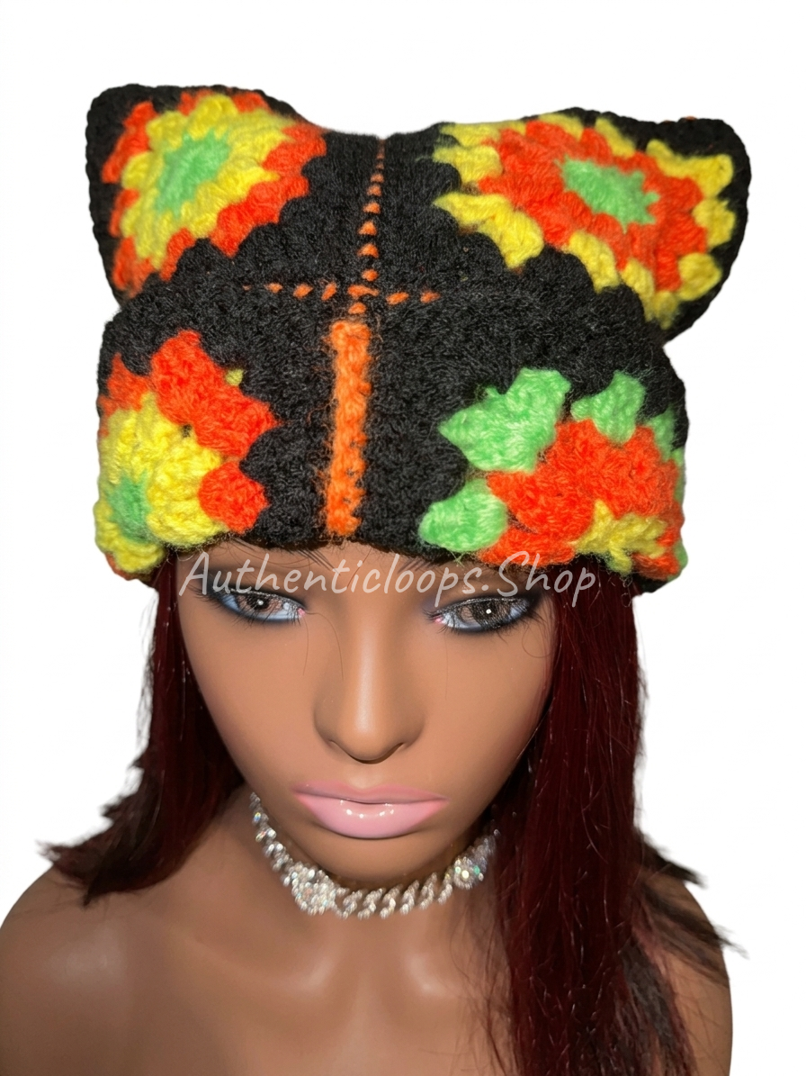 Colorful Crochet Cat Ear Winter Beanie – Handmade Statement Hat
