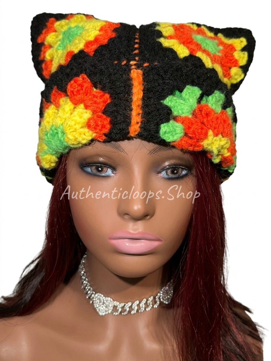 Colorful Crochet Cat Ear Winter Beanie – Handmade Statement Hat