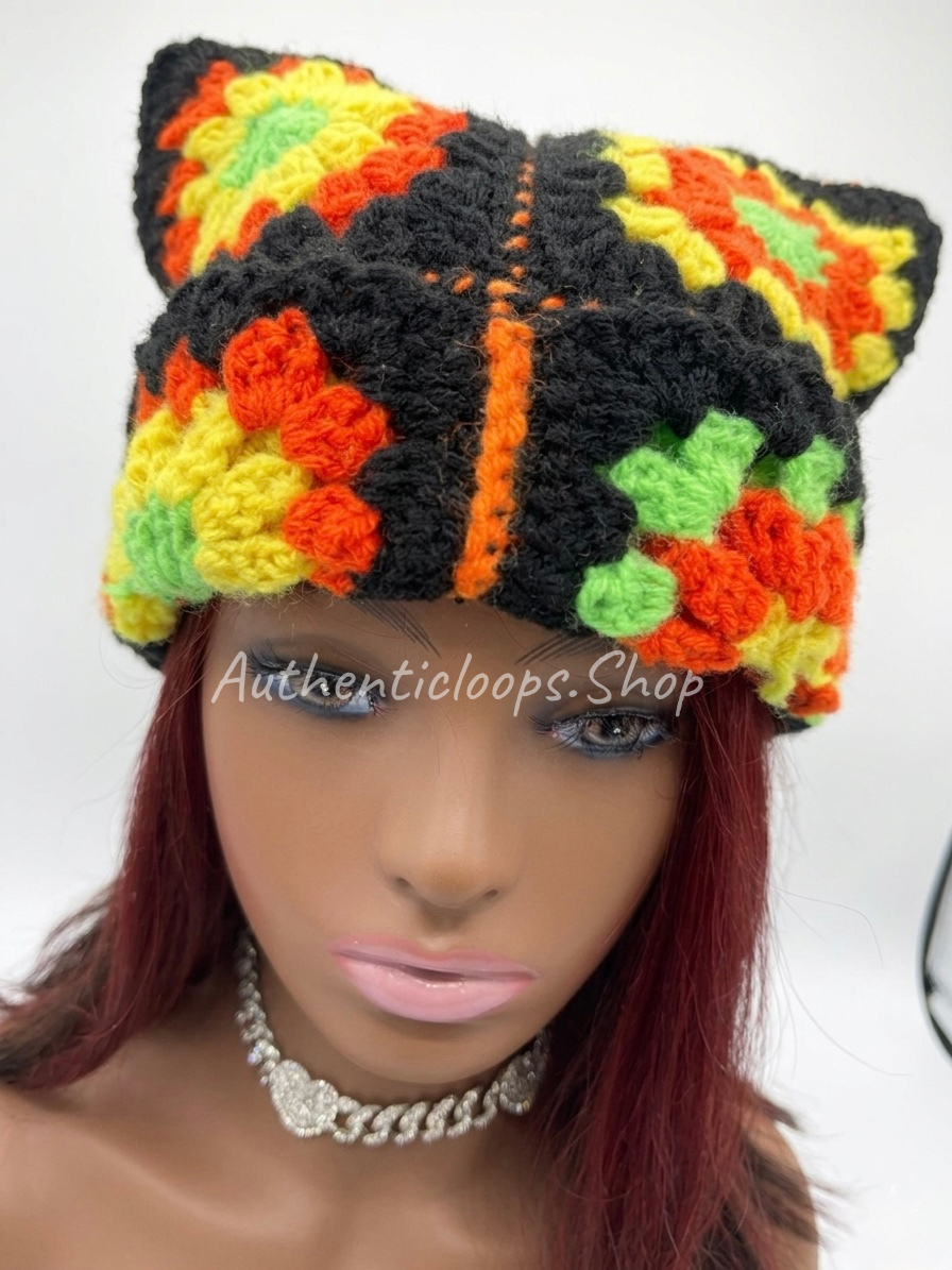 Colorful Crochet Cat Ear Winter Beanie – Handmade Statement Hat