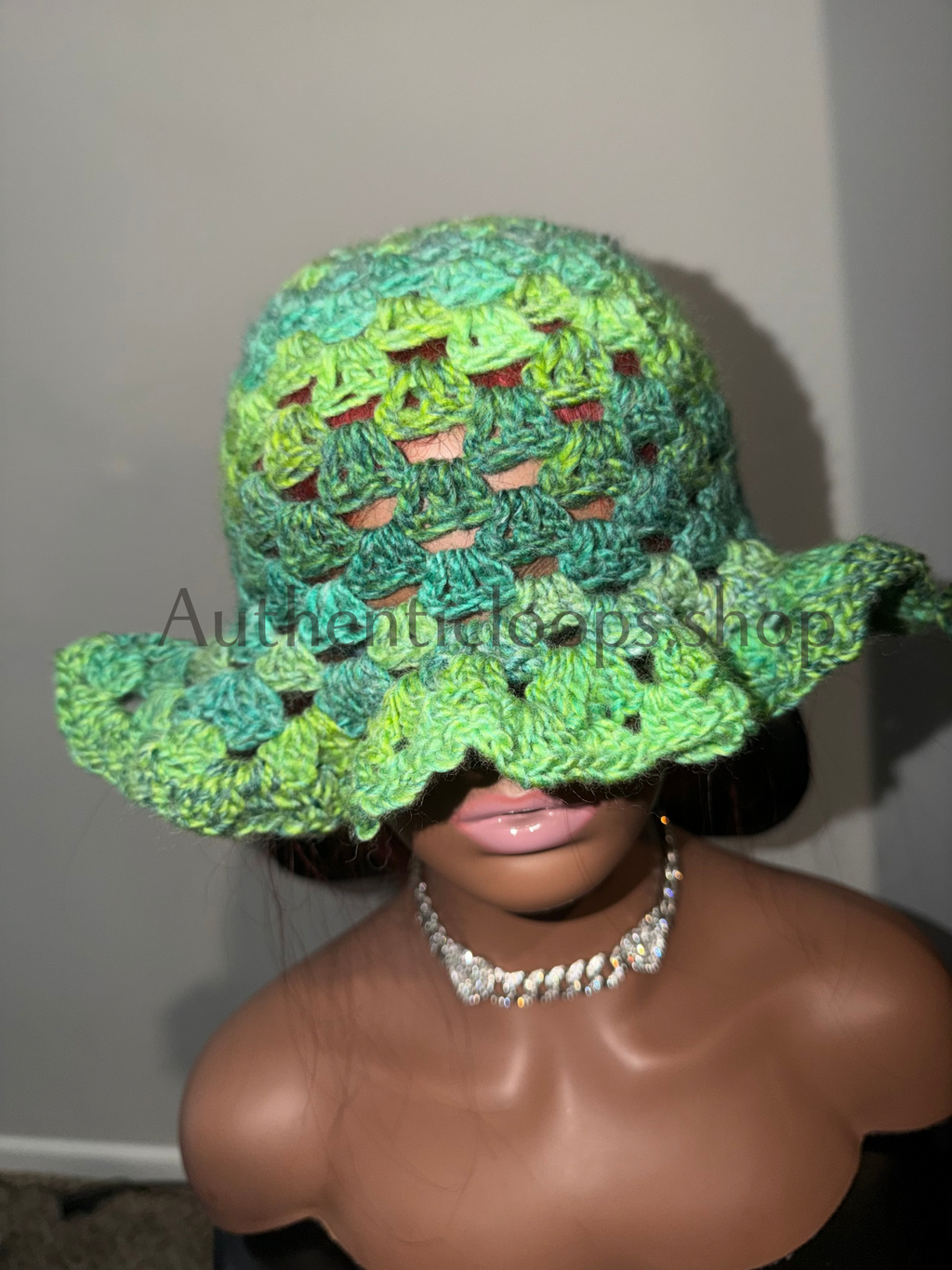Handmade Green Crochet Ruffle Bucket Hat with Adjustable Chin Strap