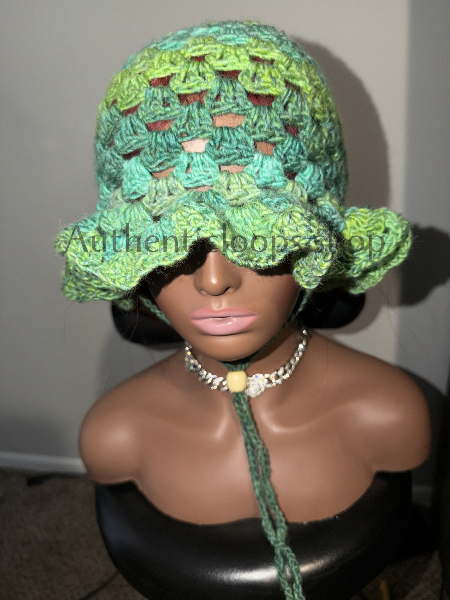 Handmade Green Crochet Ruffle Bucket Hat with Adjustable Chin Strap
