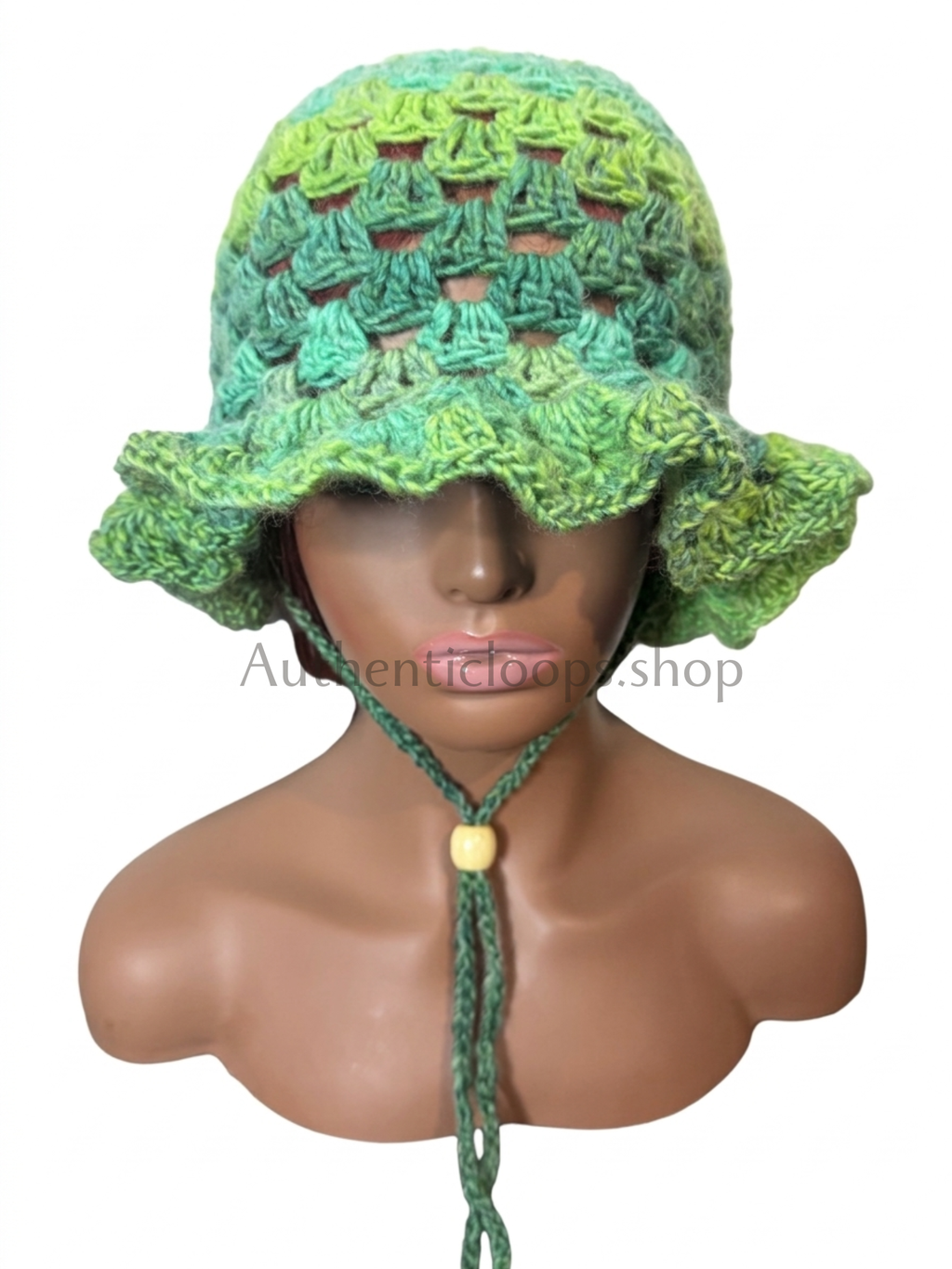 Handmade Green Crochet Ruffle Bucket Hat with Adjustable Chin Strap