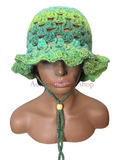 Handmade Green Crochet Ruffle Bucket Hat with Adjustable Chin Strap