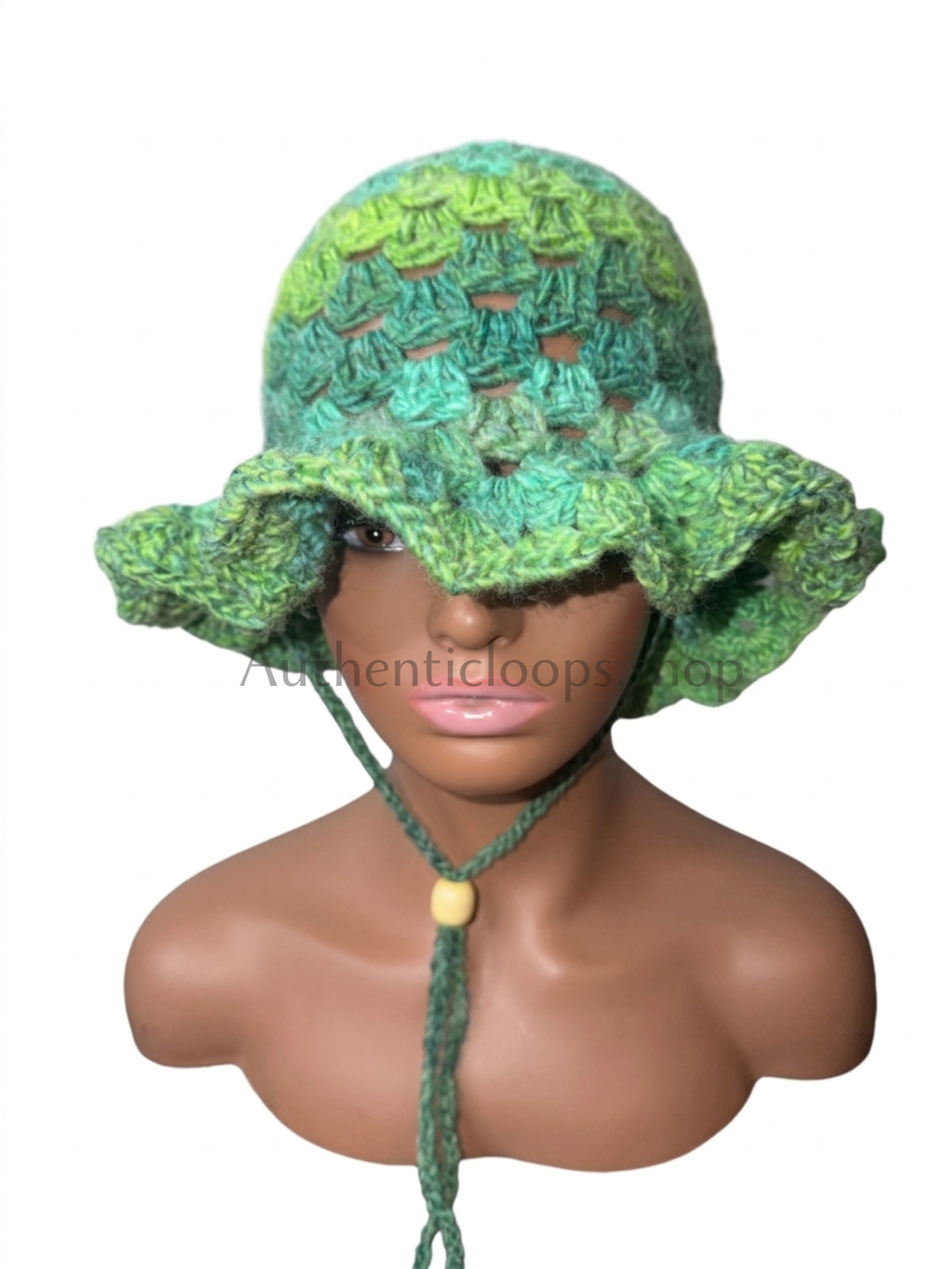 Handmade Green Crochet Ruffle Bucket Hat with Adjustable Chin Strap