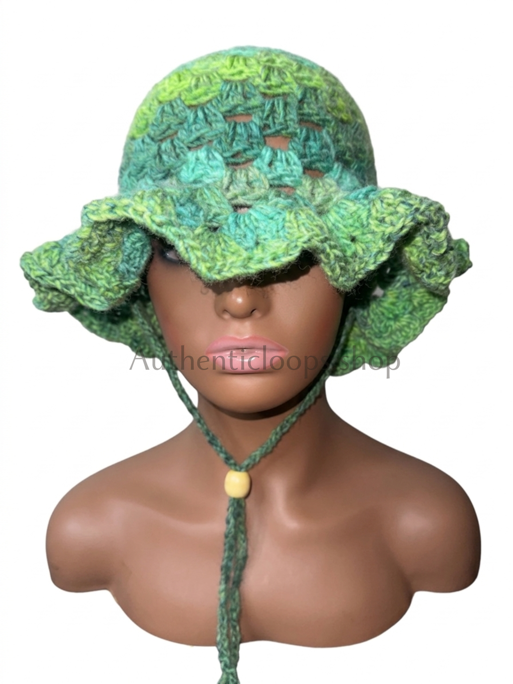 Handmade Green Crochet Ruffle Bucket Hat with Adjustable Chin Strap