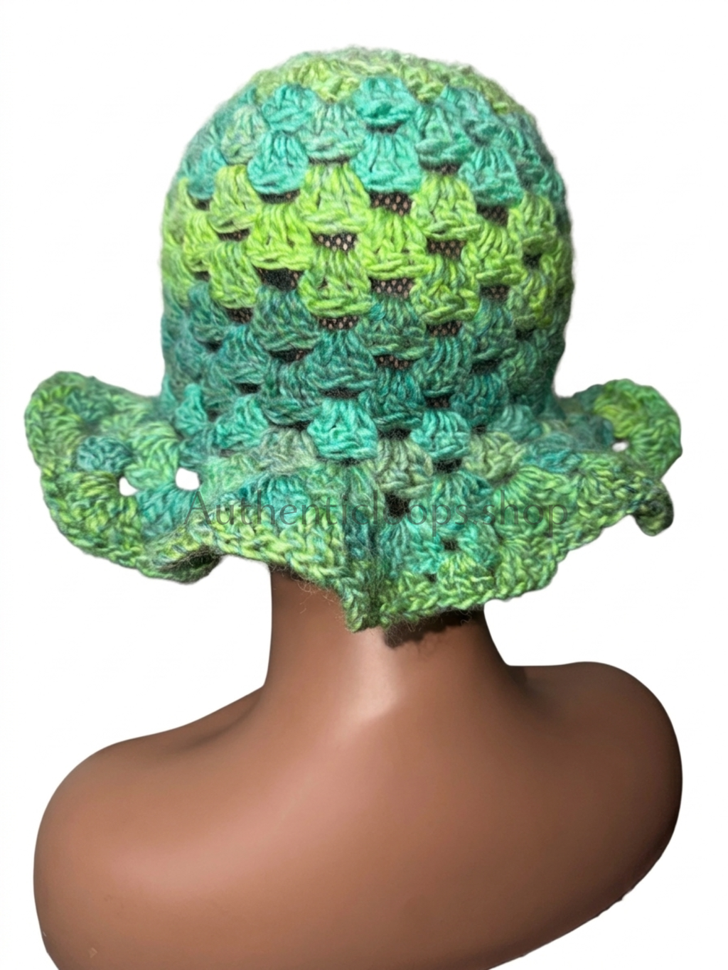 Handmade Green Crochet Ruffle Bucket Hat with Adjustable Chin Strap