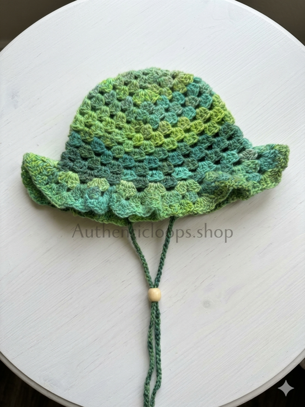 Handmade Green Crochet Ruffle Bucket Hat with Adjustable Chin Strap