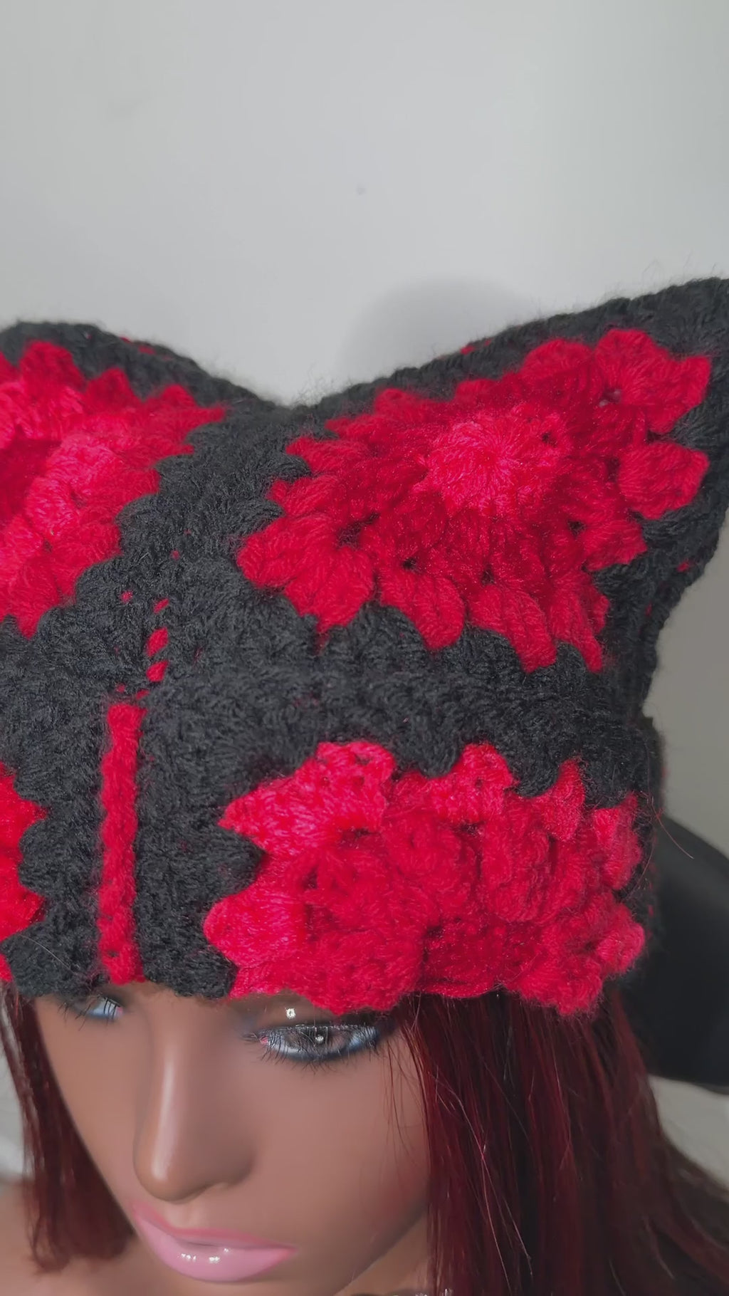 Red and Black Crochet Cat Ear Beanie |Goth Granny Square Hat