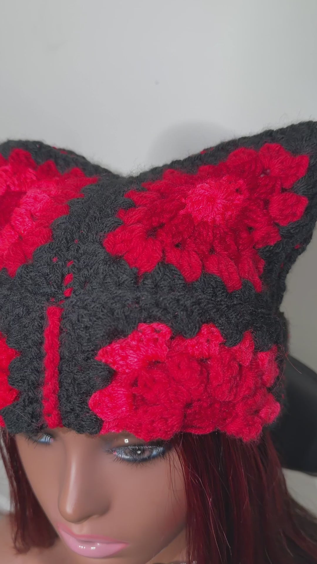 Red and Black Crochet Cat Ear Beanie |Goth Granny Square Hat